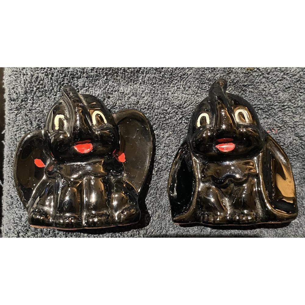 Vintage Redware Pottery Black ELEPHANT Salt&Pepper Shakers Dumbo Japan‎ no plugs